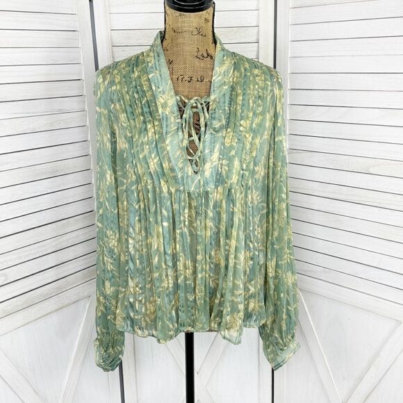 Rag & Bone Sachi Pleated Floral Print Sheer‎ Blouse Sage Green Small - Picture 2 of 16